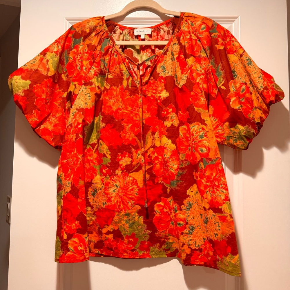 entro Bright Orange Floral Tie-Neck Puff Sleeve Blouse